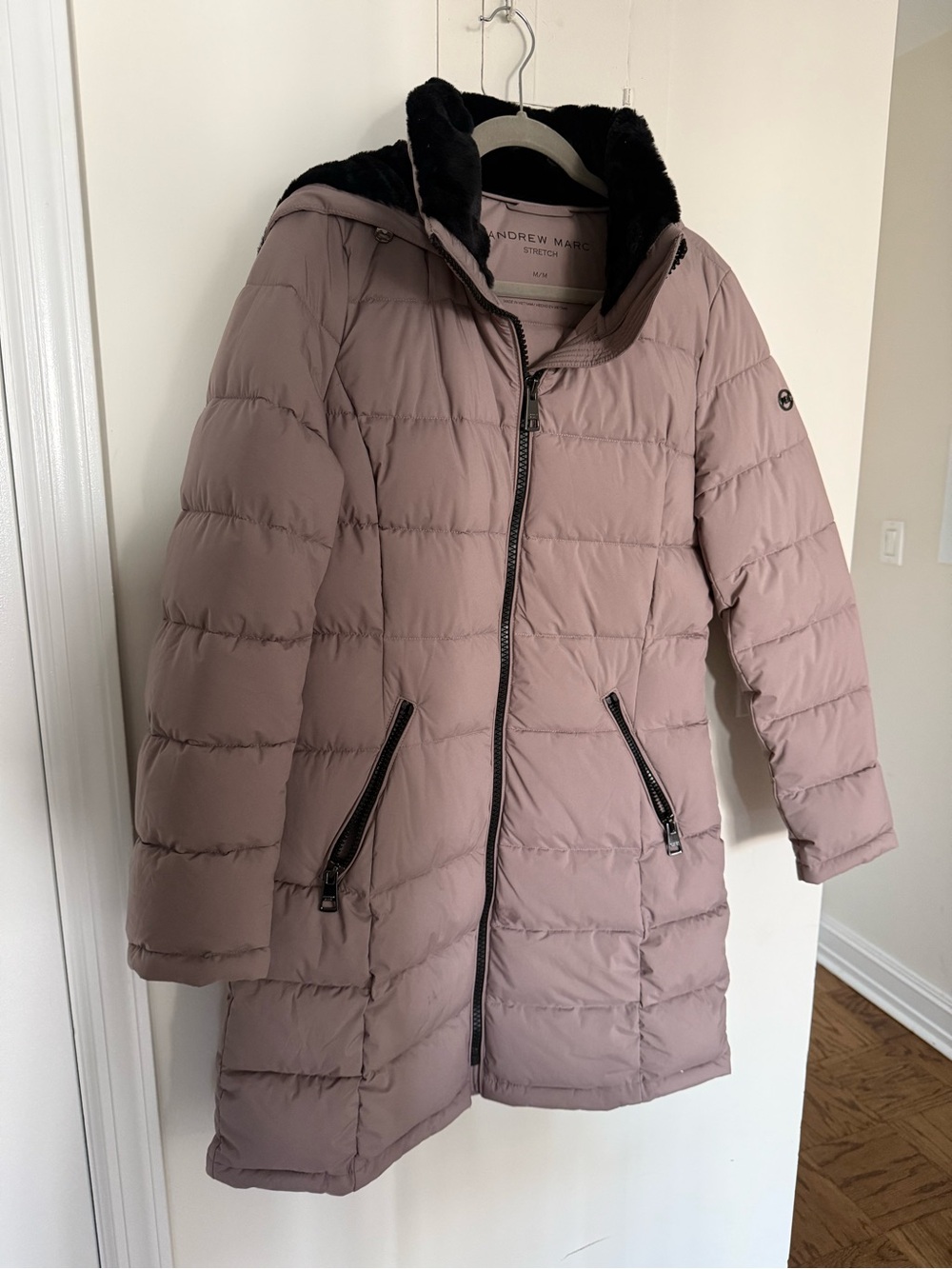 Andrew Marc Dusty Mauve Quilted Puffer Coat with Black Hood Trim
